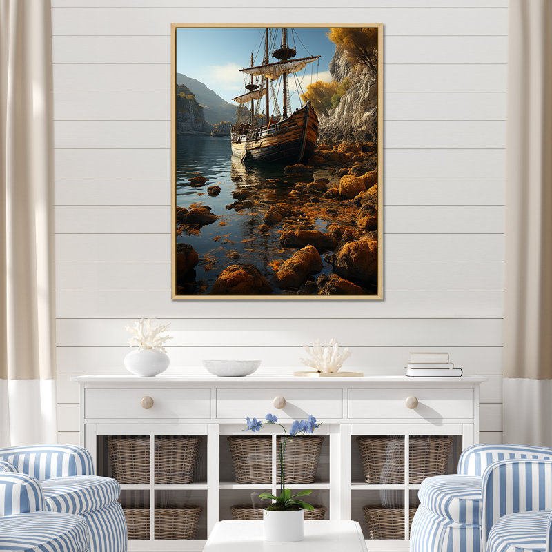 «Tropical Hidden Harbor Pirate Ship I», reproduction sur toile, Cadre naturel flottant, H 44 po x l 34 po x P 1,5 po