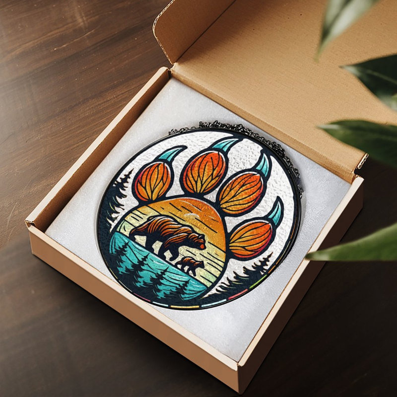 Patte d'ours avec vitrail de famille d'ours Suncatcher pour décoration de fenêtre, 9.8x9.8in(25x25cm)