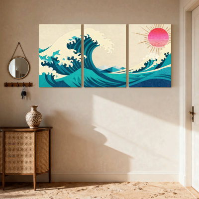 «Nautical & Beach Wave Sun Mountains Sky Water Reflection», ensemble de 3 impressions sur toile