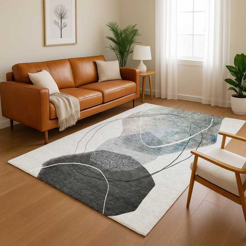 Tapis abstrait lavable à la machine de qualité supérieure Mayfield AMF2077, Ivoire ivoire, 3 pi x 5 pi