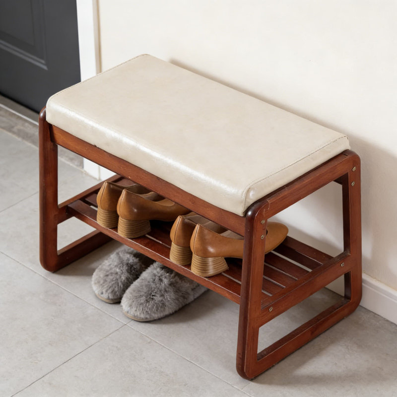 Banc à chaussures en bois massif avec coussin, banc de rangement pour hall d'entrée à 2 niveaux, range-chaussures moderne pour le couloir et le salon