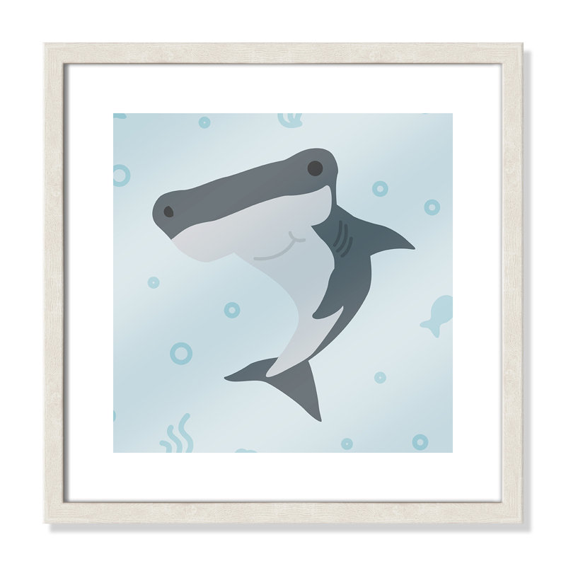 Impression sur papier Happy Hammerhead, H 16 po x l 16 po x P 1,18 po, Encadré de boîte à grain de bois blanc