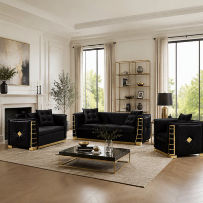 Ensemble de canapés 3 pièces en velours italien de luxe (82,3 pouces, 60,6 pouces et 40,2 pouces) comprenant un canapé 3 places, une causeuse et un canapé 1 place. 5 coussins décoratifs, coussins d'assise épais, larges accoudoirs et détails métalliques dorés. Style moderne. Noir.