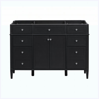 Base de meuble-lavabo autoportant 48 po 48 po, 6 tiroirs et 2 portes avec charnières à fermeture douce, poignées en métal argenté, noir, panneau de fibres à densité moyenne