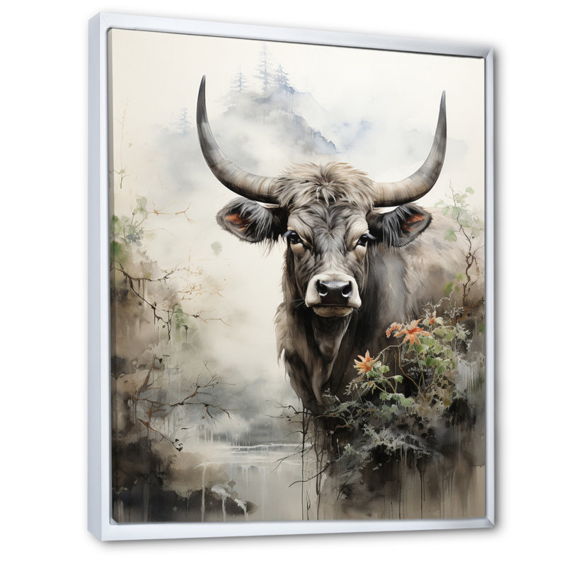 Bedriye, art asiatique, vache Sumi - impression, H 32 po x l 24 po x P 1 po, Cadre flottant blanc