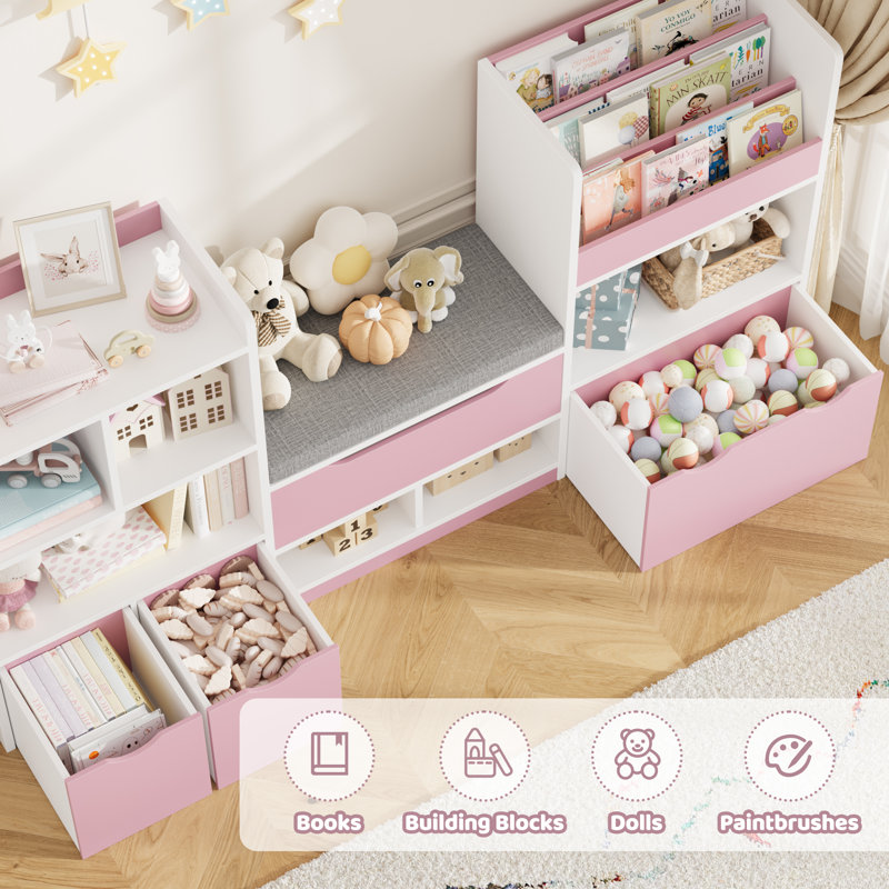 72" W x 37"H 4-IN-ONE Kids Bookcase with 3 Drawers, Soft Cushion, 3-Layer Bookshelf, Reading Nook, Pink