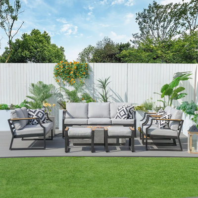 Flinda Metal 9 - Person Outdoor Seating Group With Fire Pit And Cushions
