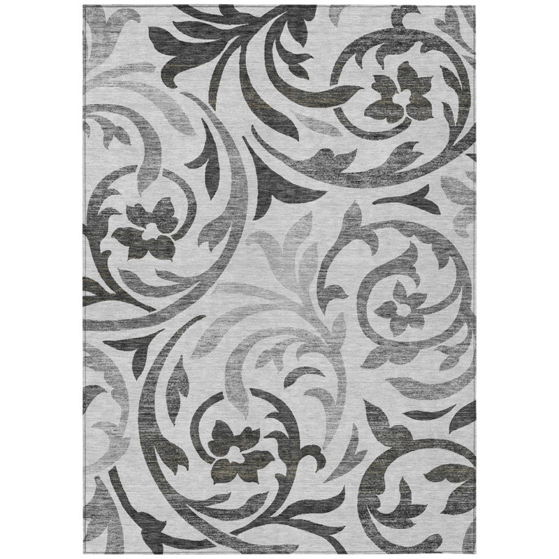 Tapis intérieur gris anthracite lavable floral 8 pi x 10 pi