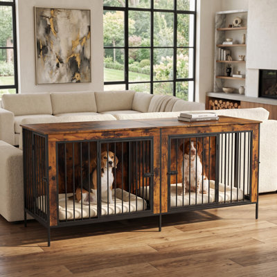 Cage pour chien style Dorien avec séparateur, grande niche en bois avec table d'appoint, pieds surélevés pour aspirateur robot, structure métallique robuste, meuble cage pour animaux à plusieurs portes