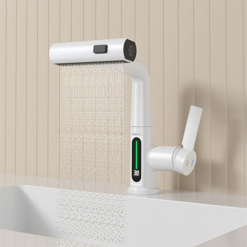 Pull-out lift LED temperature digital display bathroom basin faucet with 360° rotatable, White