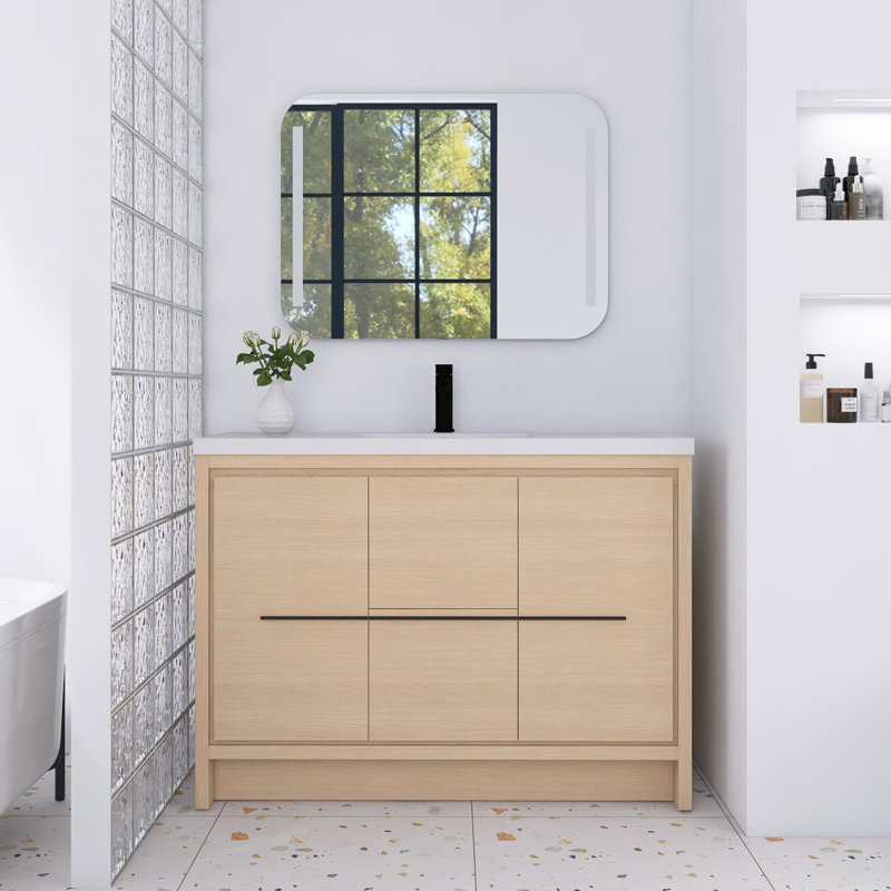 Meuble-lavabo autoportant de 48 po avec lavabo en résine, portes d'armoire à fermeture en douceur et tiroirs, 47"