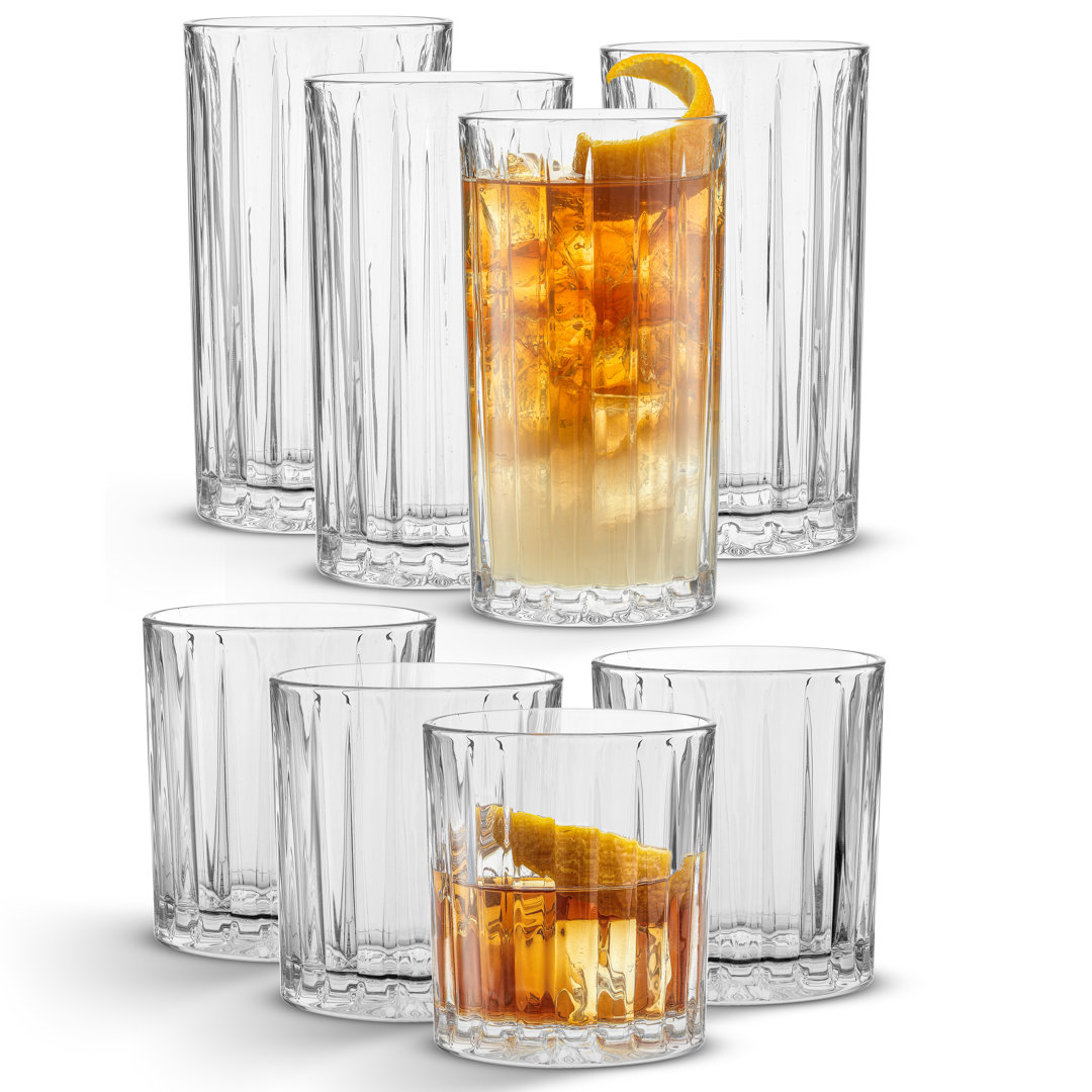 JoyJolt Alina Ribbed Highball and DOF Drinkware Glasses (Set of 8) JoyJolt