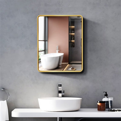 Armoire à pharmacie murale ou encastrable 20 po x 28 po en métal doré avec miroir