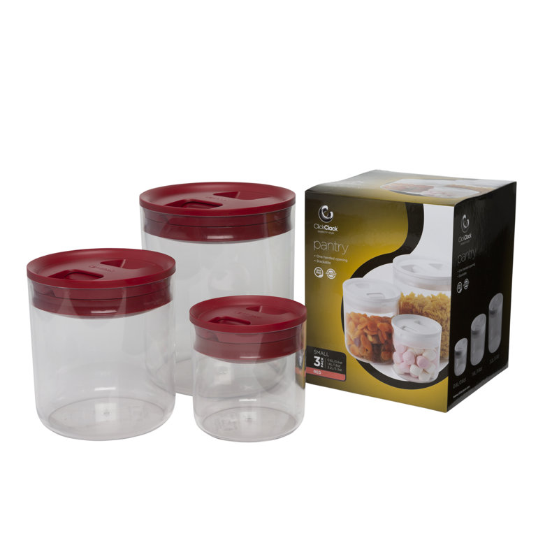 ClickClack Pantry Round 3pc Small Canister Set, Red/Clear