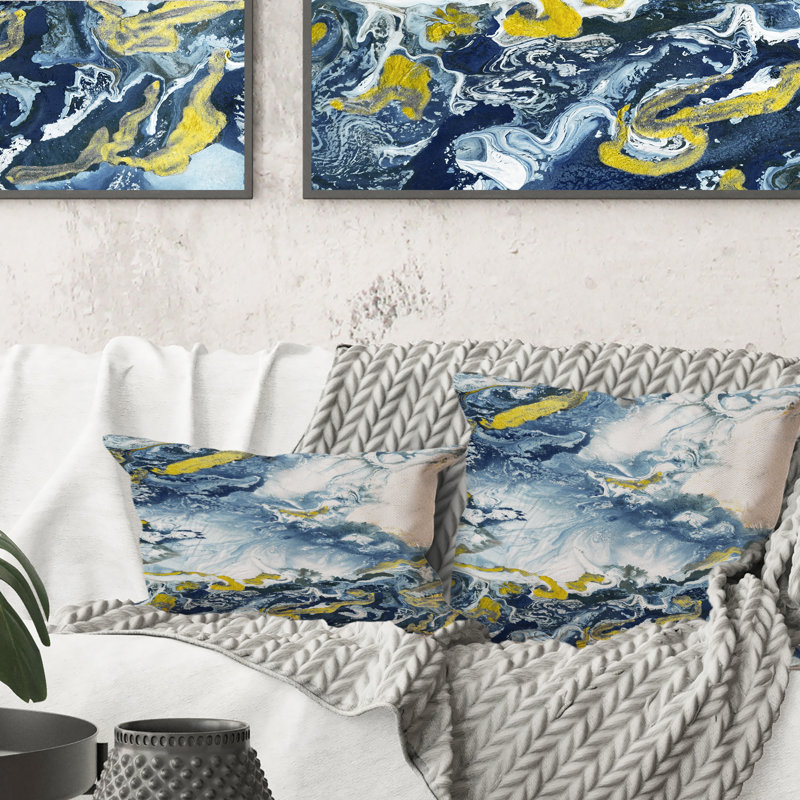 Bleu, jaune, or, art liquide abstrait I - Coussin décoratif imprimé moderne, 18 po x 18 po