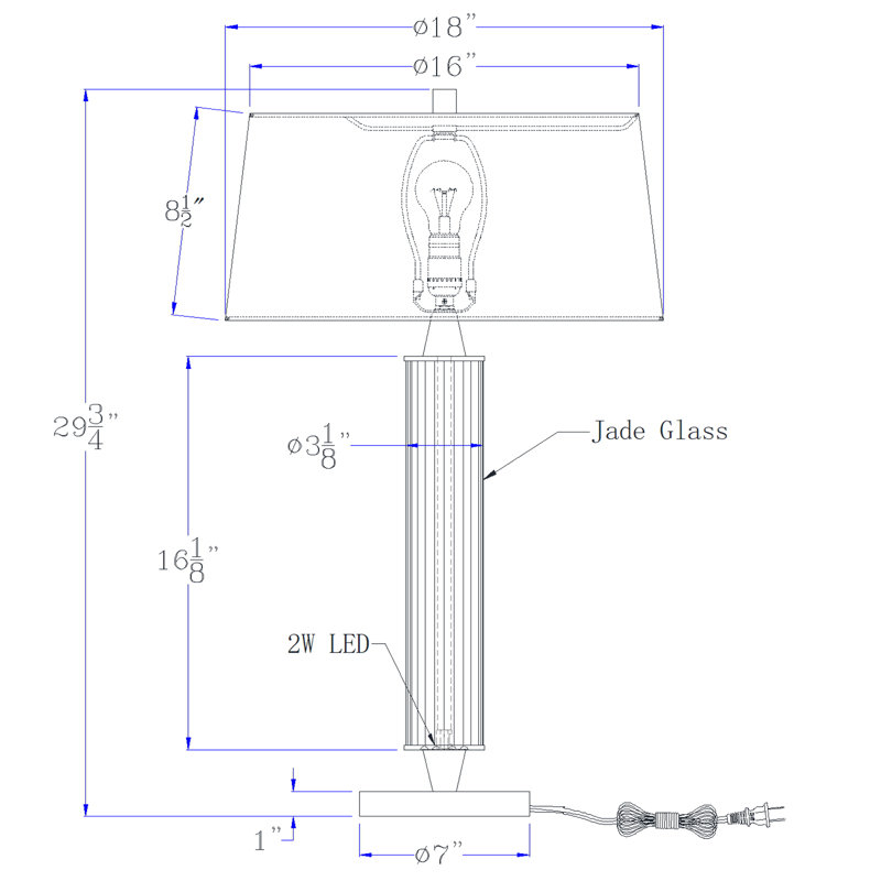Lampe de table en verre Pavia 100 W avec veilleuse à DEL 2 W et abat-jour en tissu rigide