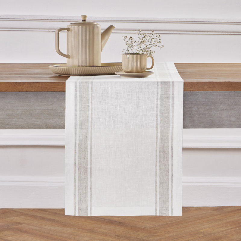 Country Stripe - 100% Pure Linen Table Runner, 36" x 14", White/Natural