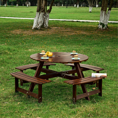 Table de pique-nique ronde pour 8 personnes - brun. 4 bancs encastrés, trou pour parasol, intempéries, pour patio, jardin, cour extérieure Brun