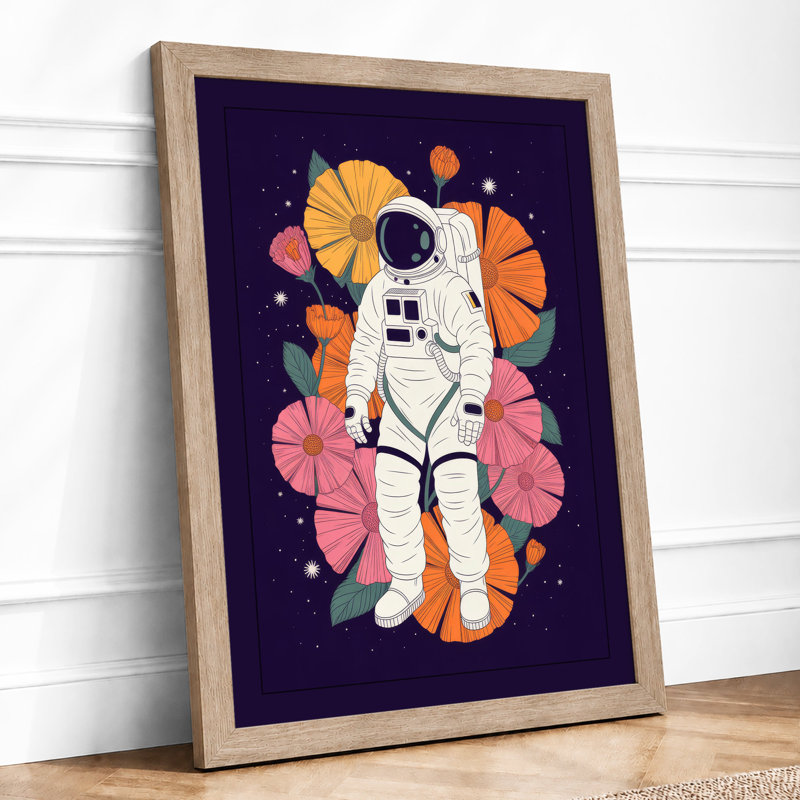 Astronaut Among Blooms Modern - Framed Print, A2 - 59.4 x 42.0 cm, Oak