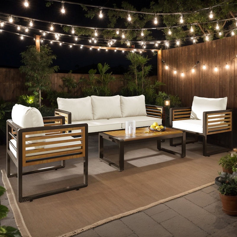 Abdel Outdoor 5 - Person Acacia Sofa Seating Group with Removable Cushion, Brown Metal and Wood Frame, Beige
