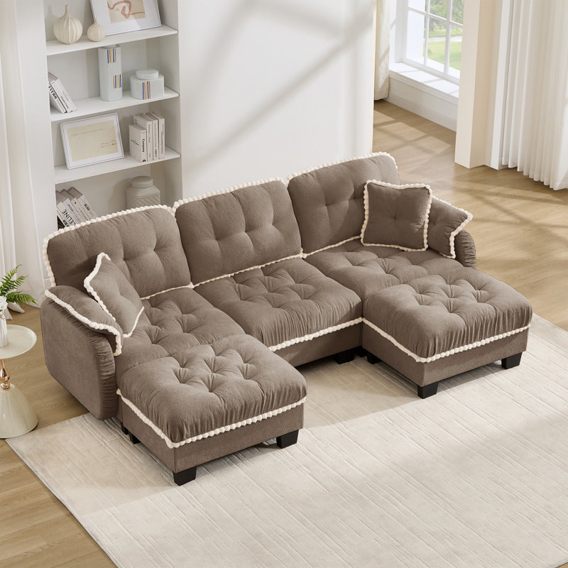 Canapé moderne en forme de U avec 4 coussins, pouf amovible, garniture à pompons, coussins capitonnés, design ergonomique, montage facile, canapé profond pour salon, bureau ou appartement