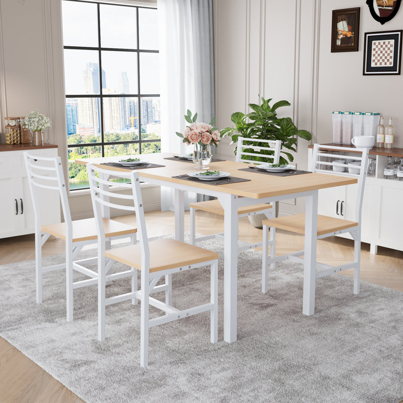 Ensemble de salle à manger 5 pièces en bois et métal avec table extensible à quatre pieds, Nature / blanc