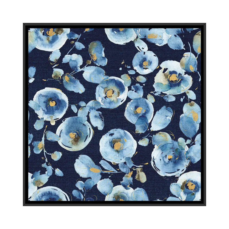 " Indigold Flower Toss Indigo " by Lisa Audit, 18" H x 18" W x 1.5" D, No Mat, Black Framed Canvas