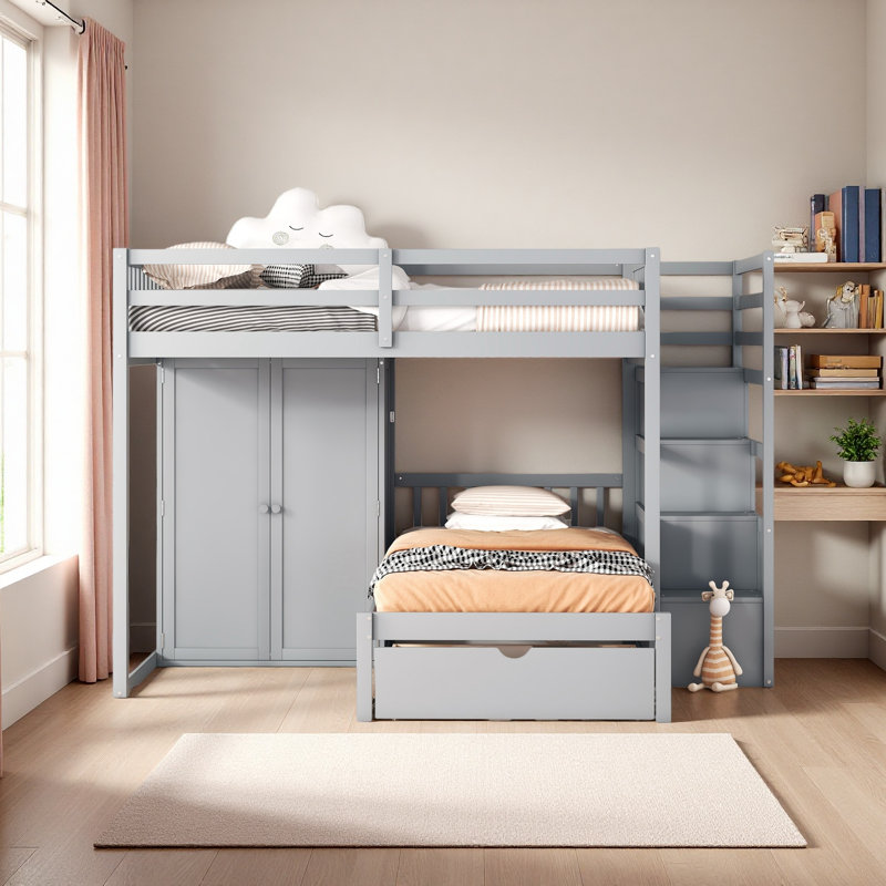 Lit superposé double au-dessus de simple avec garde-robe et tiroirs, Gris