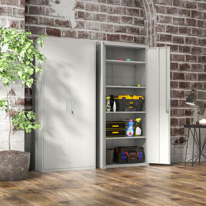 Armoire de rangement 71 po en métal avec 2 portes et 4 tablettes réglables blanches