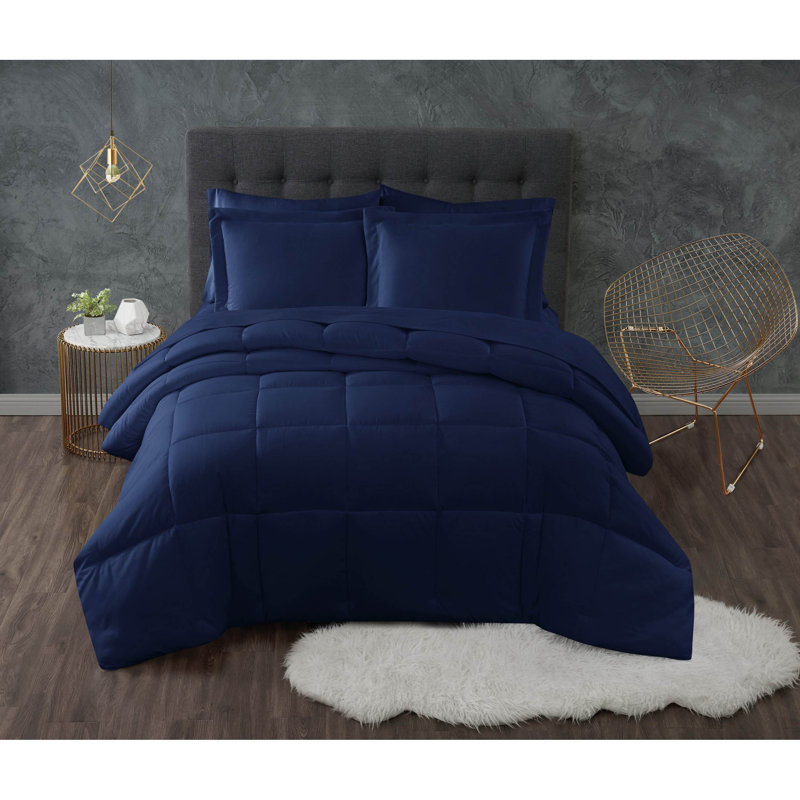 Truly Calm Antimicrobial Box Stitch Comforter Set, King Comforter + 2 Shams, Navy
