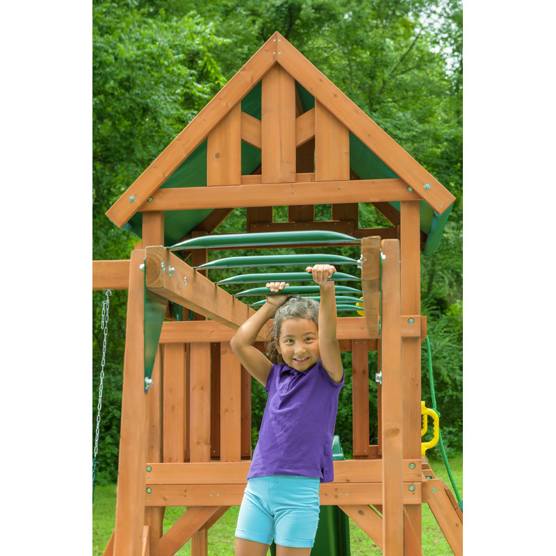 Ensemble de jeu Mountain View Lodge avec toit en bois et balançoire à glissade verte, Multi
