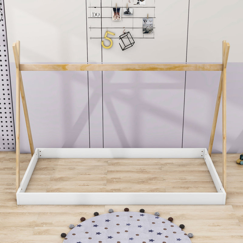 Julieta Twin Size Wood Platform Bed with Triangle Structure, White Natural