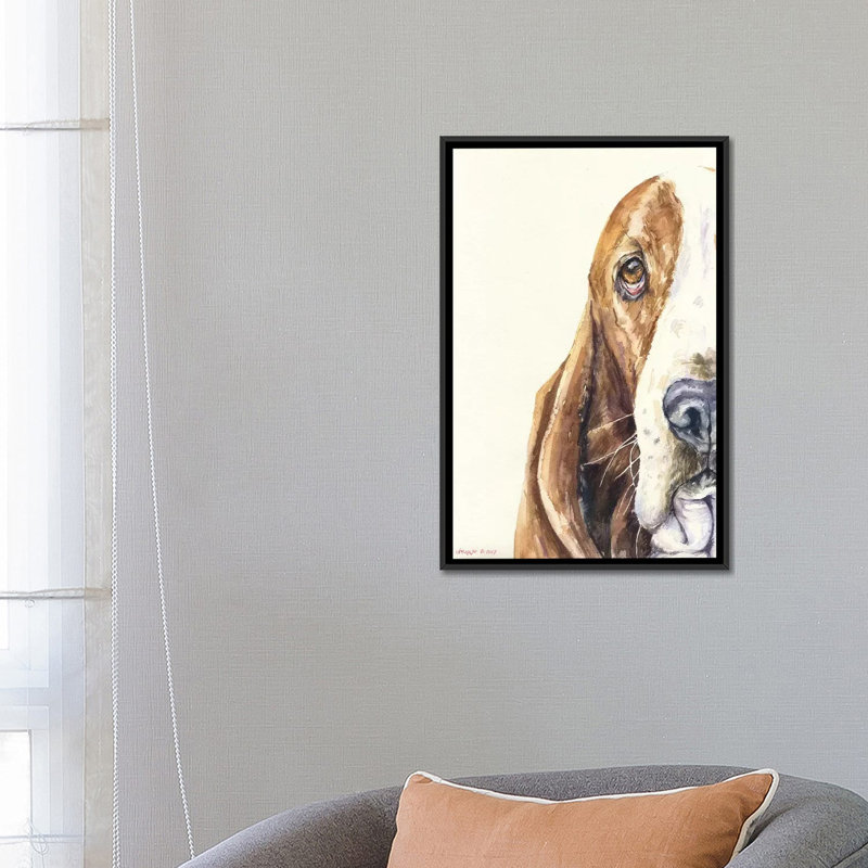 «Basset on White» par George Dyachenko - reproduction d'art sur toile tendue, H 26 po x l 18 po x P 1,5 po, Pas de tapis