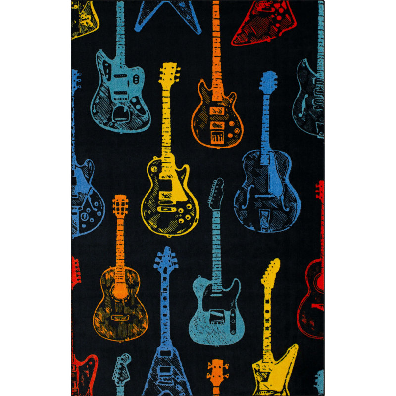Tapis orange / jaune / bleu en polyester fabriqué à la machine Deago, Rectangle 3 pi 4 po x 5 pi