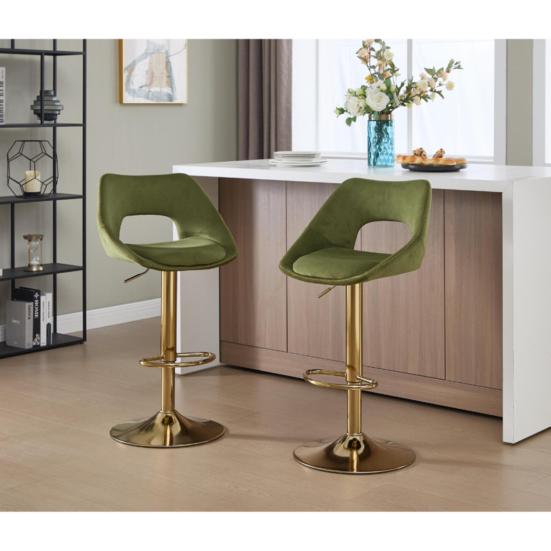 Wahson Bar Stools in Velvet Modern Chic Swivel Counter Chairs with Hollow Backrest for Home, Green