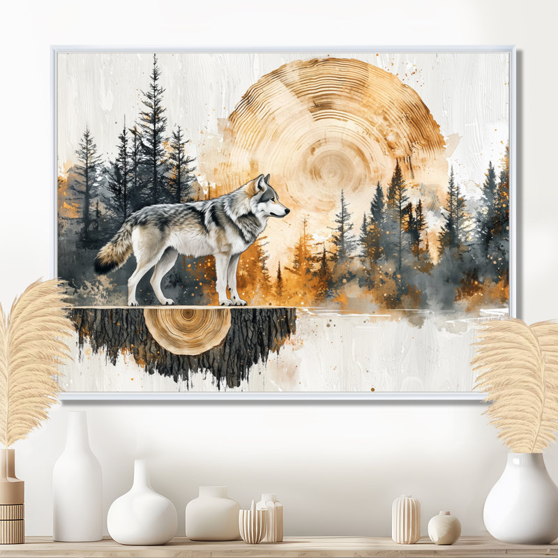 Grath Wolf in Winter Forest Lake Landscape IV - loup, art mural, H 12 po x l 20 po, Reproduction avec cadre flottant, Blanc