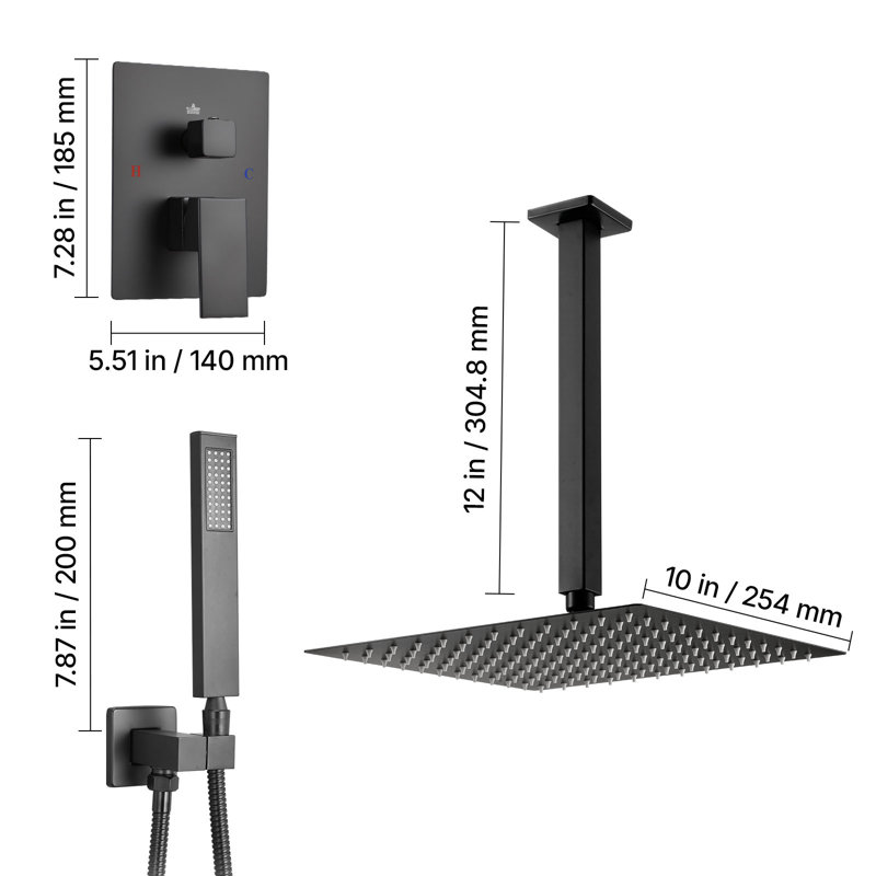 Ensemble de robinet de douche et pomme de douche carrée 10 po noir mat