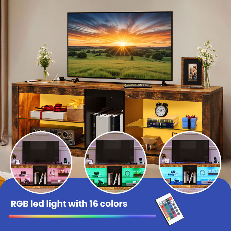 Catey LED Rectangular TV Stand with Tempered Glass Shelves and Power Outlet for TVs up to 60"