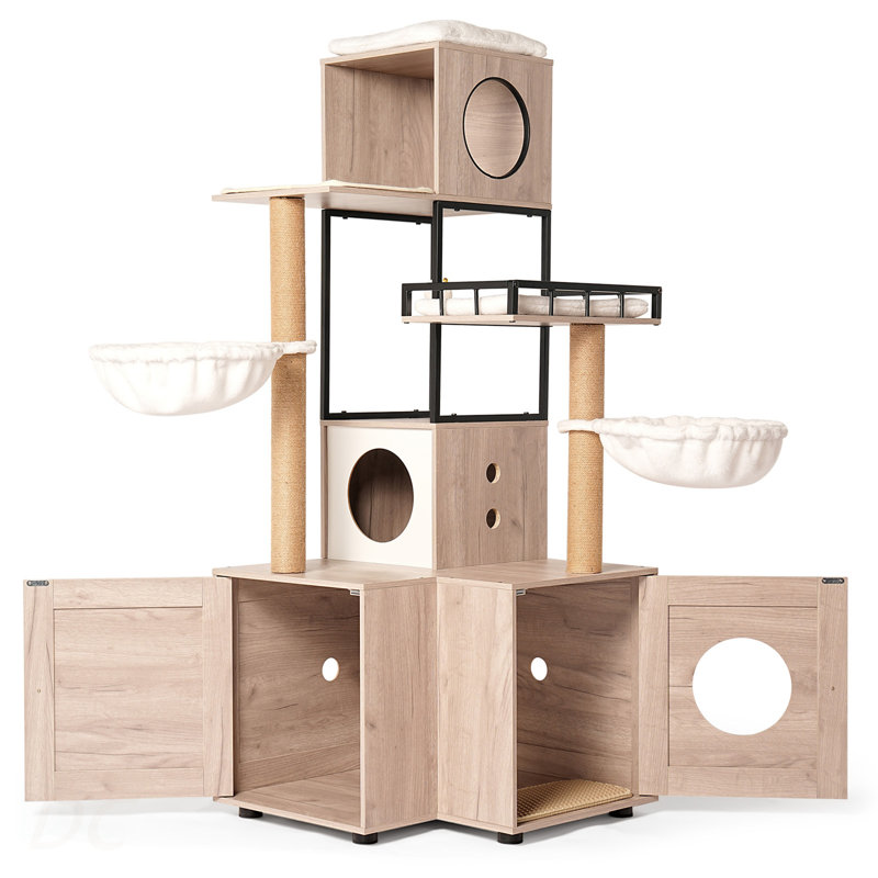 Arbre à chat 63 po multifonctionnel avec bac à litière - Comprend un coussin lavable amovible, des poteaux à griffer et un support à jouets, conception moderne