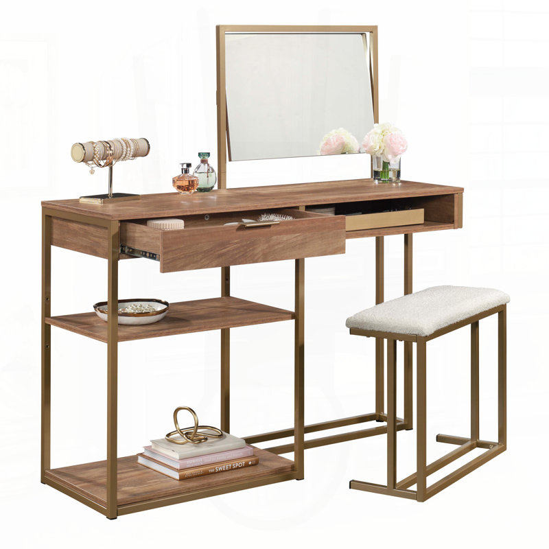 Coiffeuse Chic avec tablettes ouvertes et tabouret rembourré