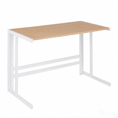Bureau industriel, métal blanc et bambou grain de bois naturel pressé