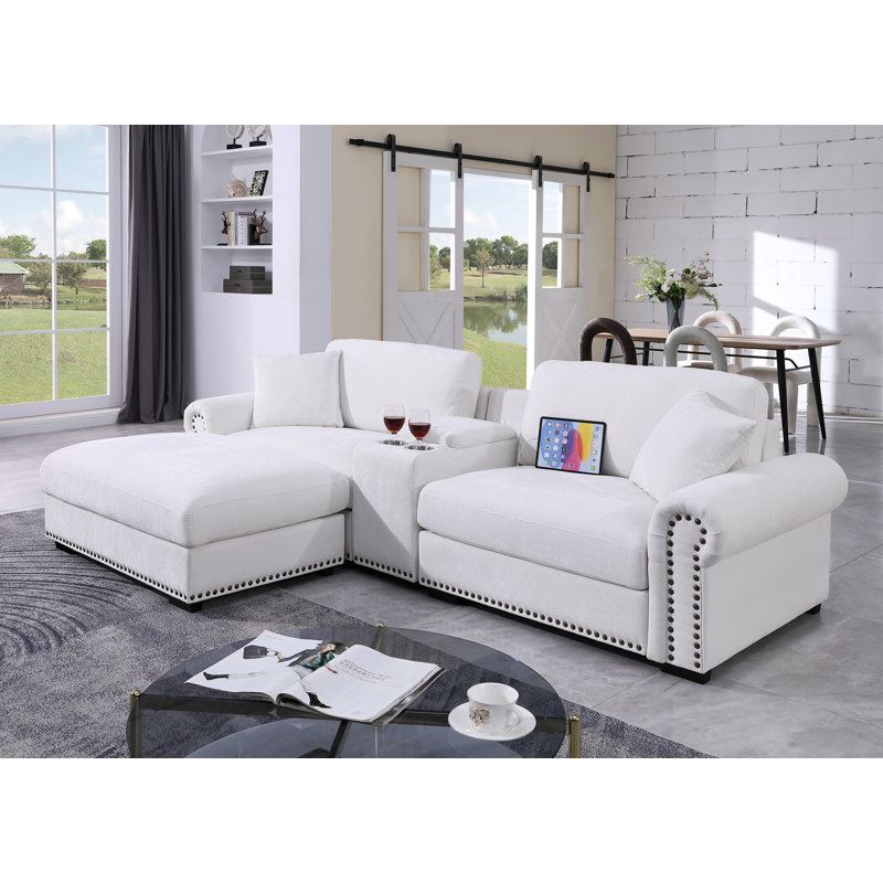 Très grand canapé modulaire en chenille 4 pièces, console avec rangement et porte-gobelets, Blanc