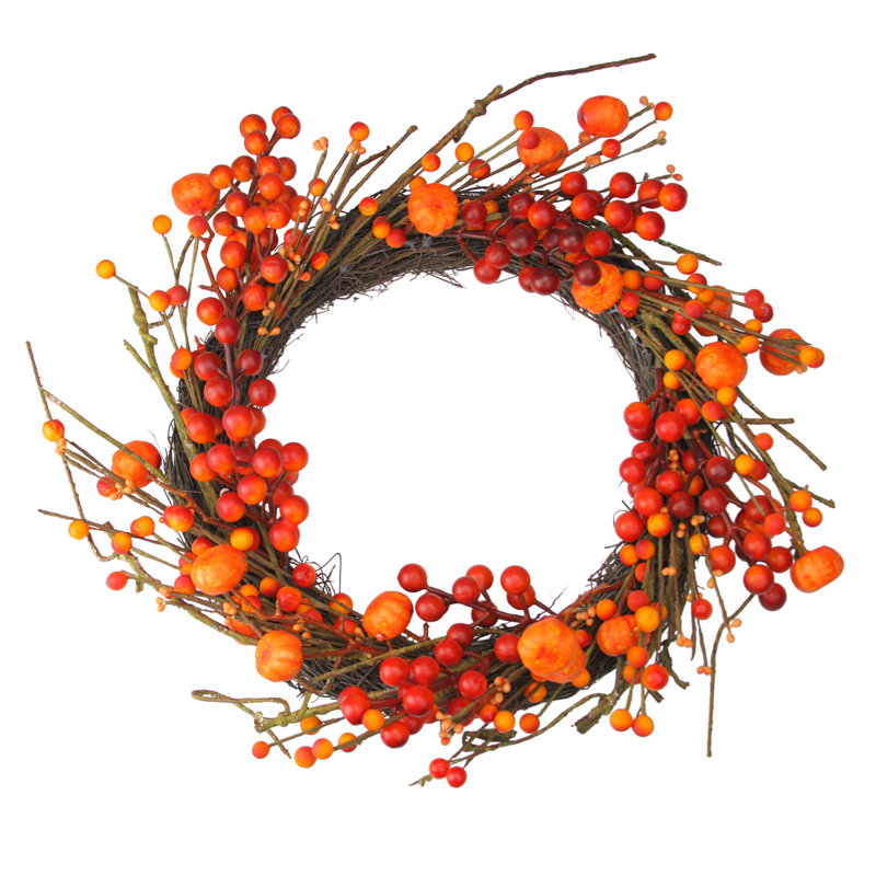Couronne artificielle rouge et orange avec baies et mini citrouilles d'automne - 20 pouces