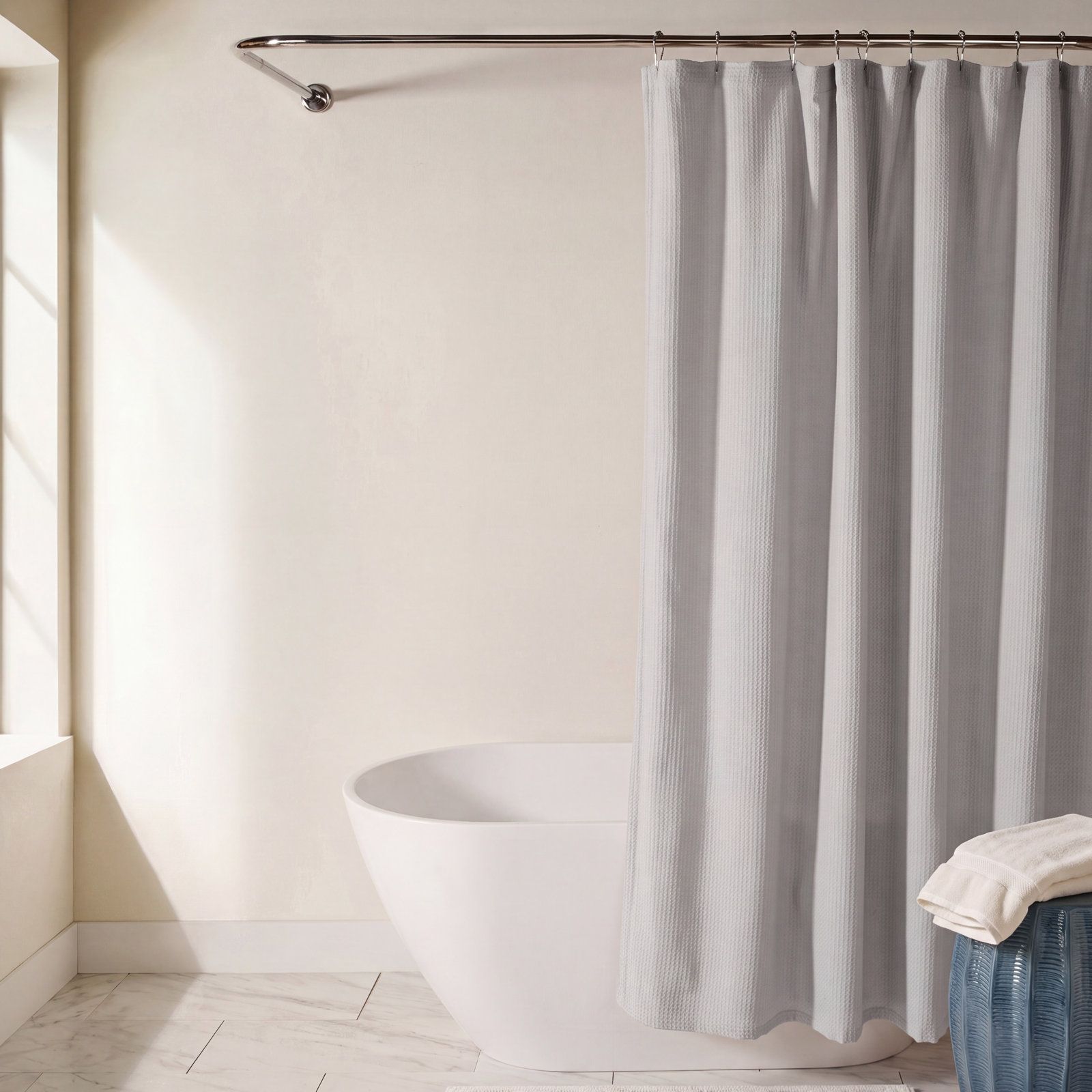 Waffle Textured Cotton Blend Shower Curtain, Gray
