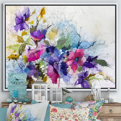 Mauve, jaune et bleu abstrait, composition de fleurs I - reproduction d'art sur toile