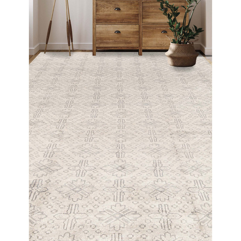 Tapis ivoire et gris noué à la main de haute qualité