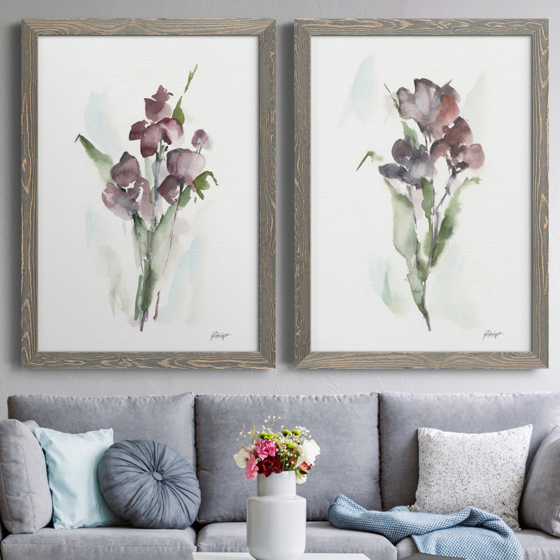 Plum Bouquet I - Ensemble de 2 reproductions d'art, H 37,5 po x l 55 po x P 1,5 po, Toile avec cadre gris, Pas de tapis