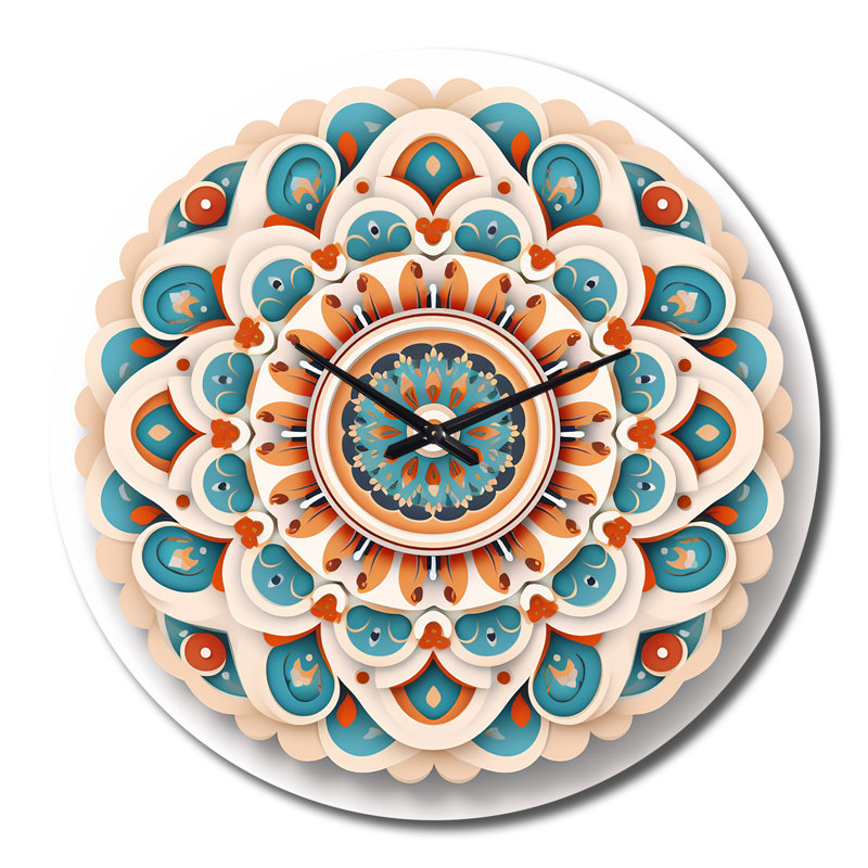 Horloge murale en métal - Mandala sacré en bleu et orange rétro, Très grand