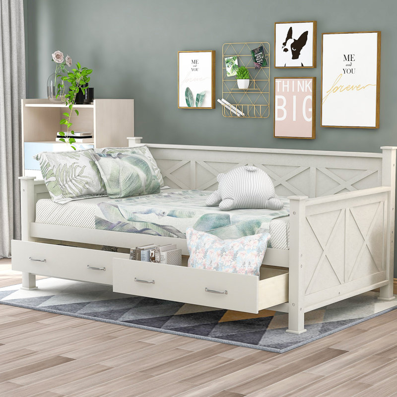 Lit de jour en bois moderne et rustique de style décontracté, blanc crème, Blanc, crème