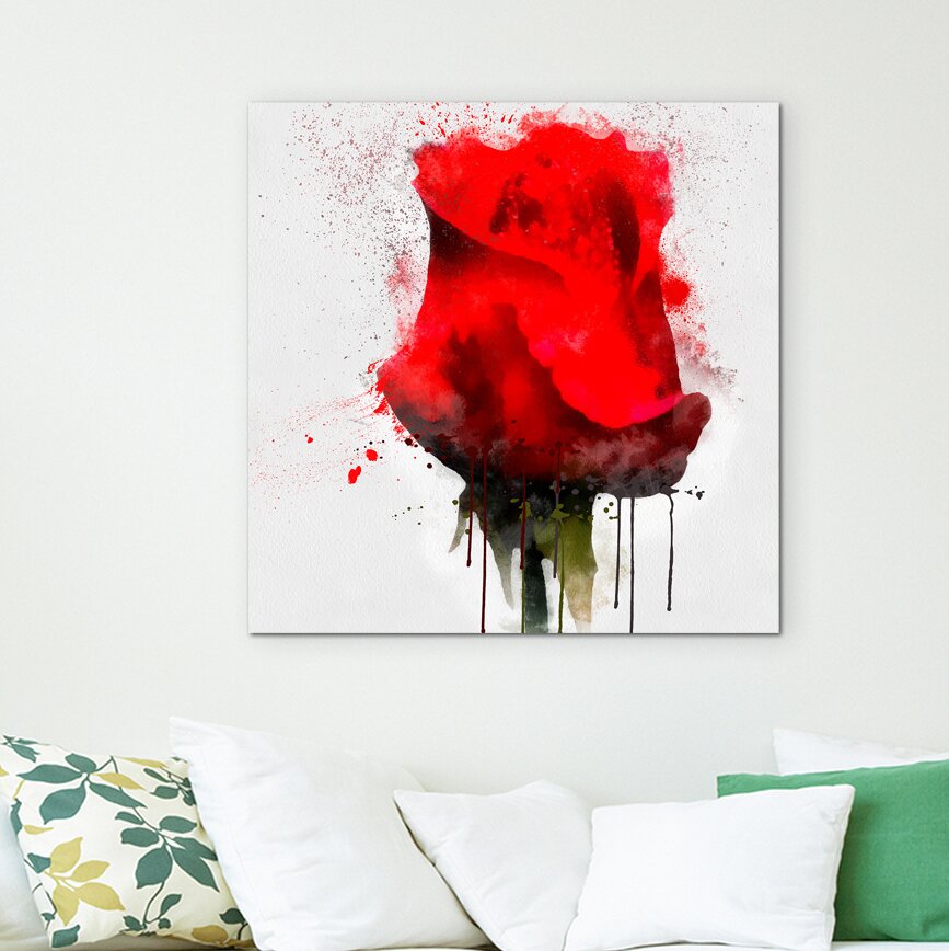 Gerahmtes Leinwandbild  Knallrote Rose im Splash Art Stil